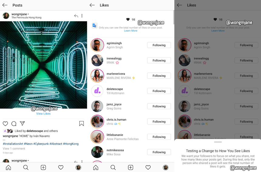 Instagram entfernt Anzahl an likes
