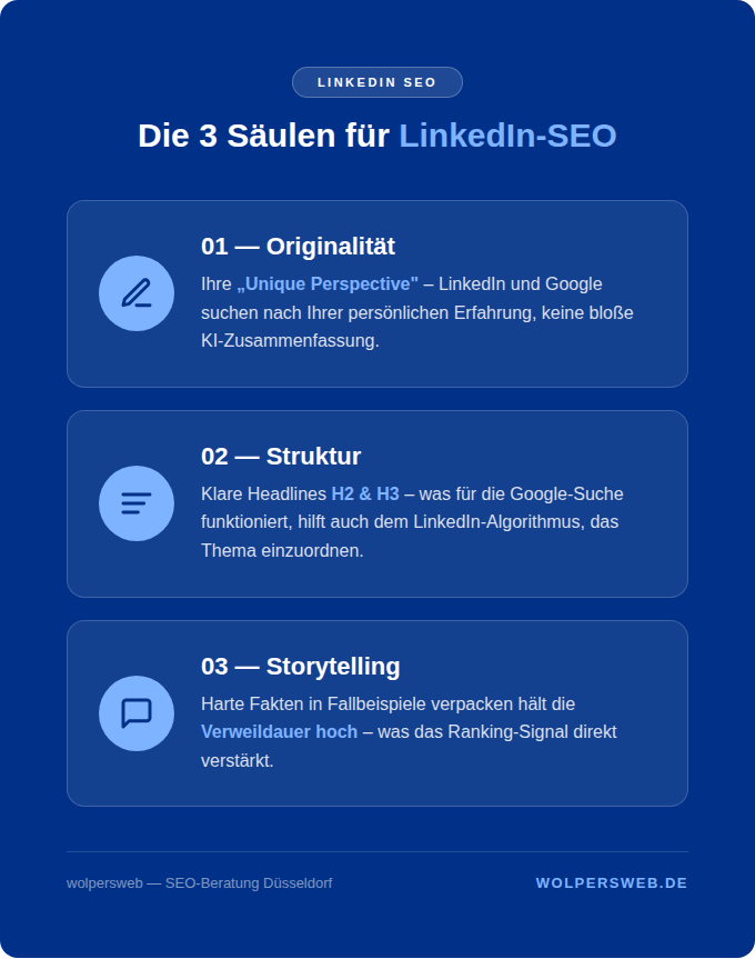 Die drei Säulen der LinkedIn SEO Strategie — Originalität, Struktur und Storytelling