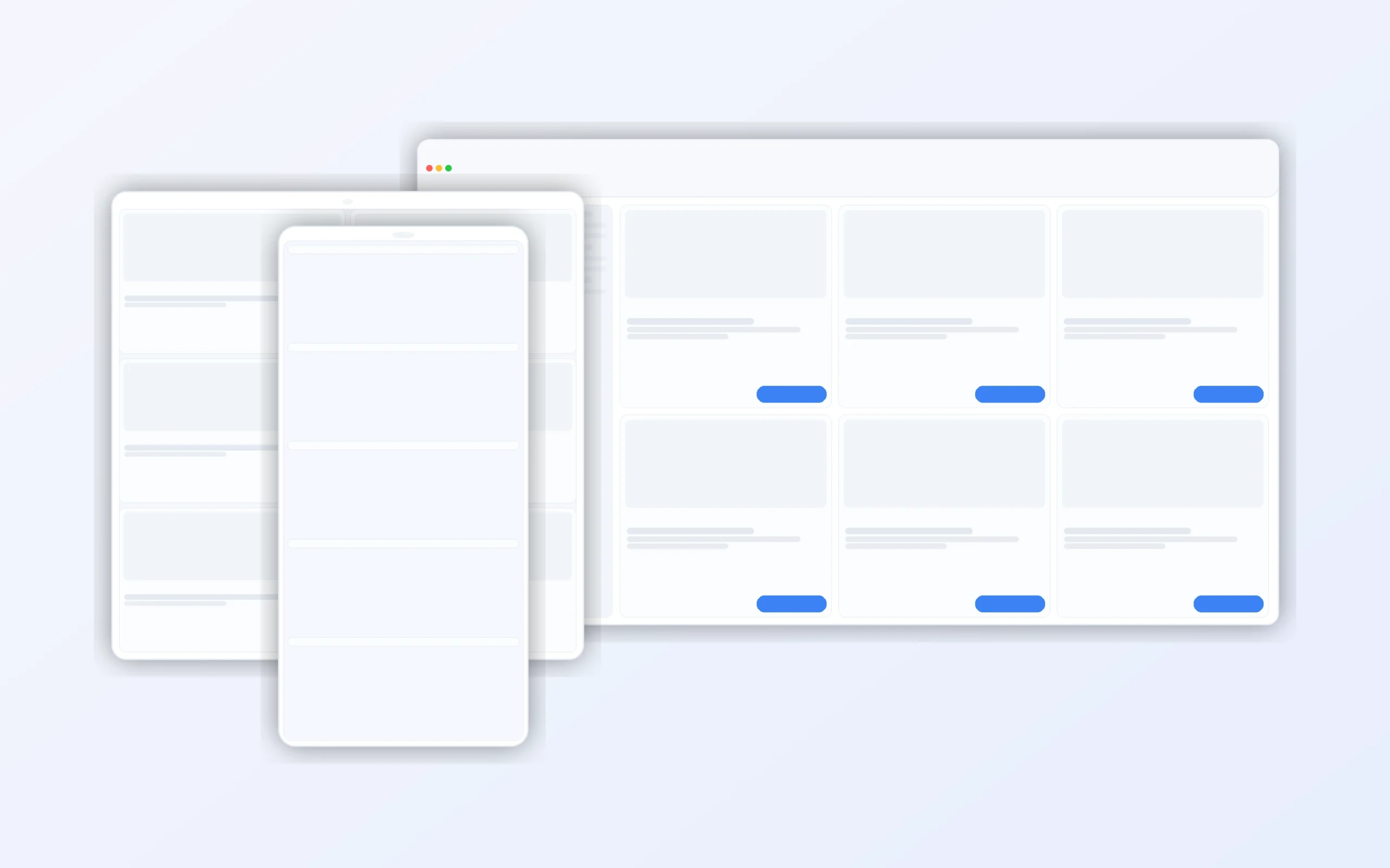Illustration: responsives Webdesign – Desktop‑, Tablet‑ und Smartphone‑Ansicht mit klaren Bedienelementen