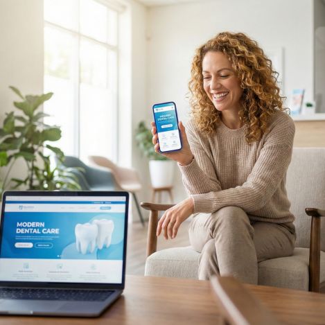 Patientin bucht Termin über mobilfreundliche Zahnarzt-Website auf dem Smartphone
