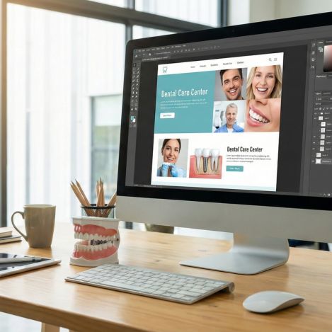 Webdesigner erstellt spezialisierte WordPress-Website für eine Zahnarztpraxis am Computer