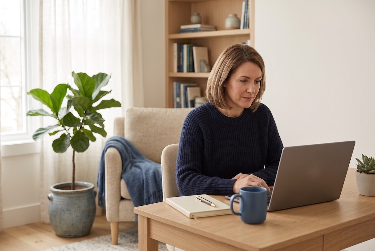 Psychotherapeutin führt eine Videosprechstunde in ihrer Online-Praxis durch